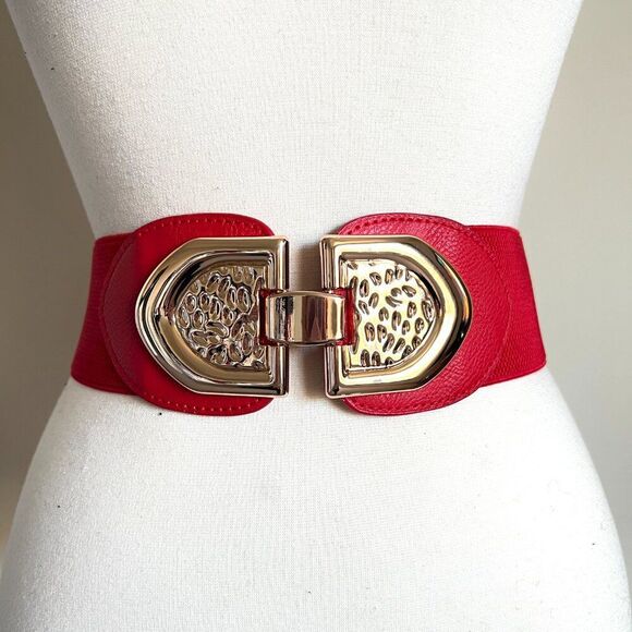 Wide Red Stretch Belt with Gold Buckle – Statement Waist Cincher - Picture 1 of 2